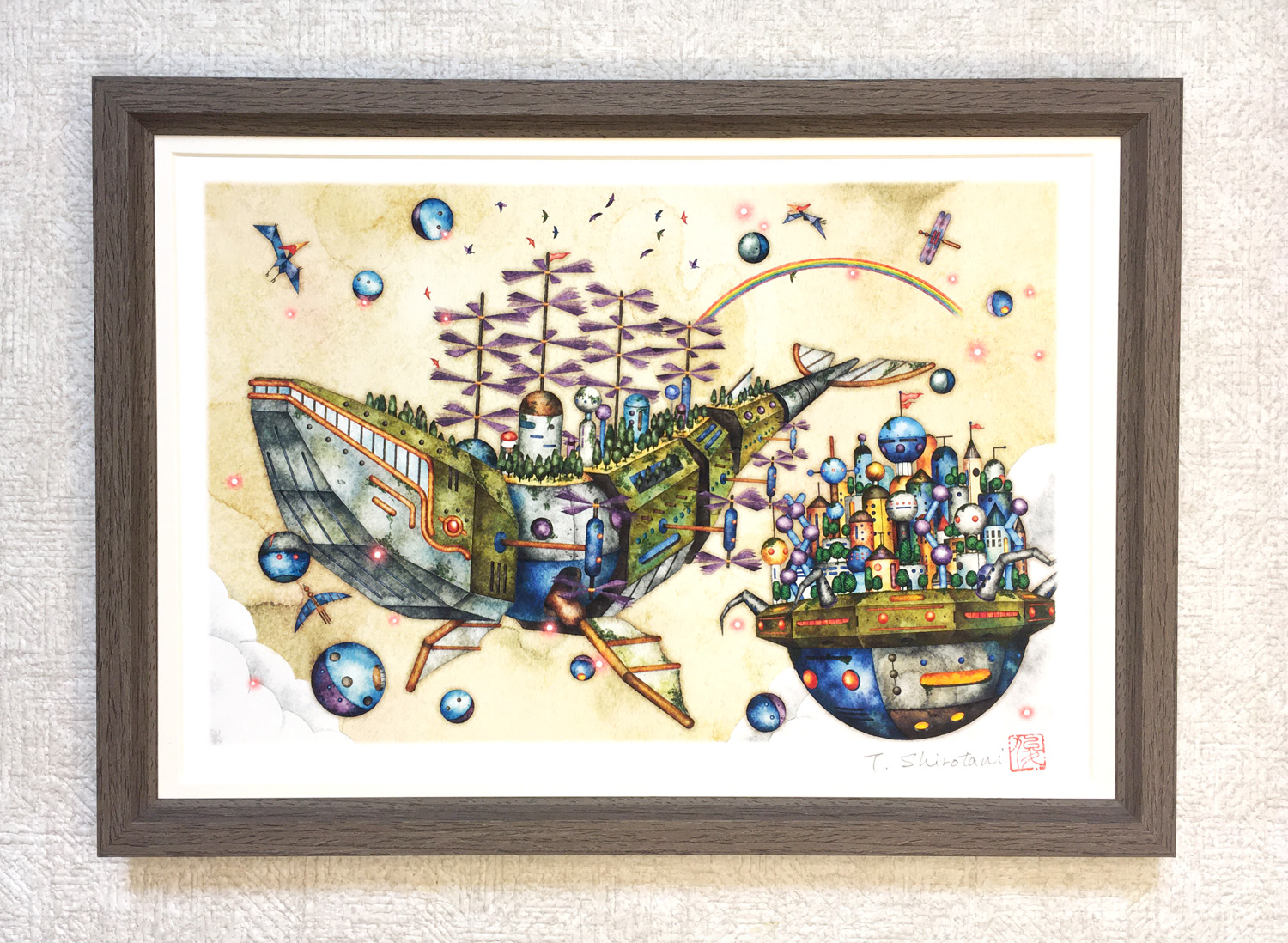 クジラ型飛行船と浮遊都市』木目調の額装デジタル版画（A4サイズ