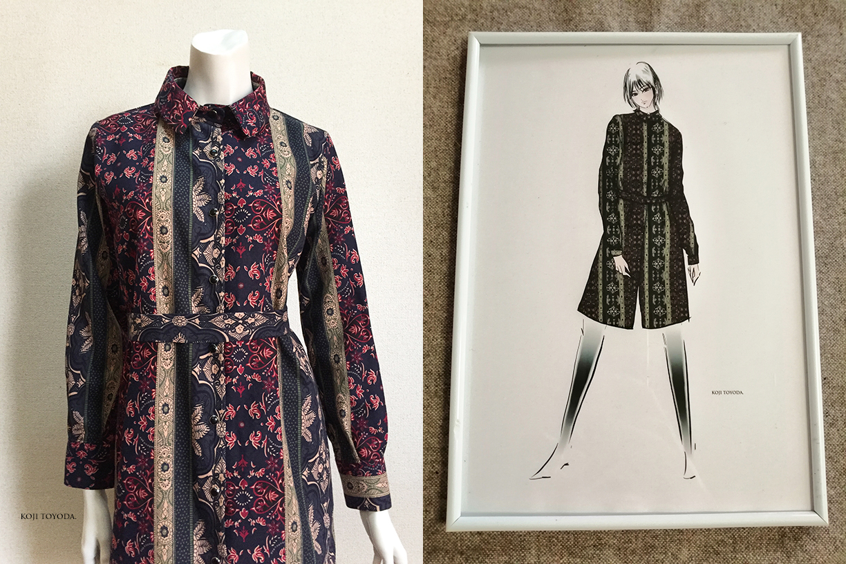 【1点もの・デザイン画付き】綿麻柄生地シャツ型ワンピース 1点もの・デザイン画付き】綿麻柄生地シャツ型ワンピース 1点