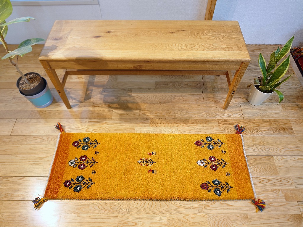ペルシャ ギャッベ 玄関マット小 54.5x40cm 黄金色 緑色 糸杉