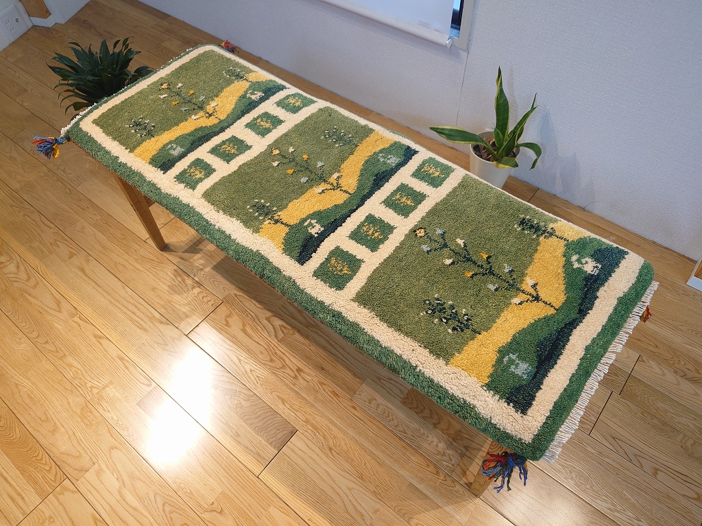 ペルシャ　ギャッベ ミニランナー 145×50 青　藍色　ヤギ ギャッベ（ギャベ）専門店 インプレッションオブギャッベ / ブルー系
