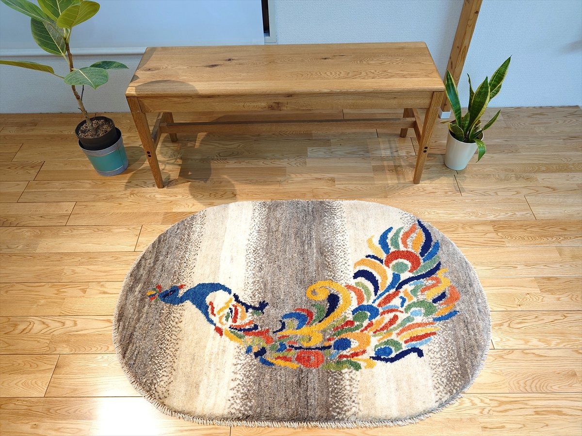 ペルシャギャッベ ソファ前120×82 ライトブラウン孔雀小判型