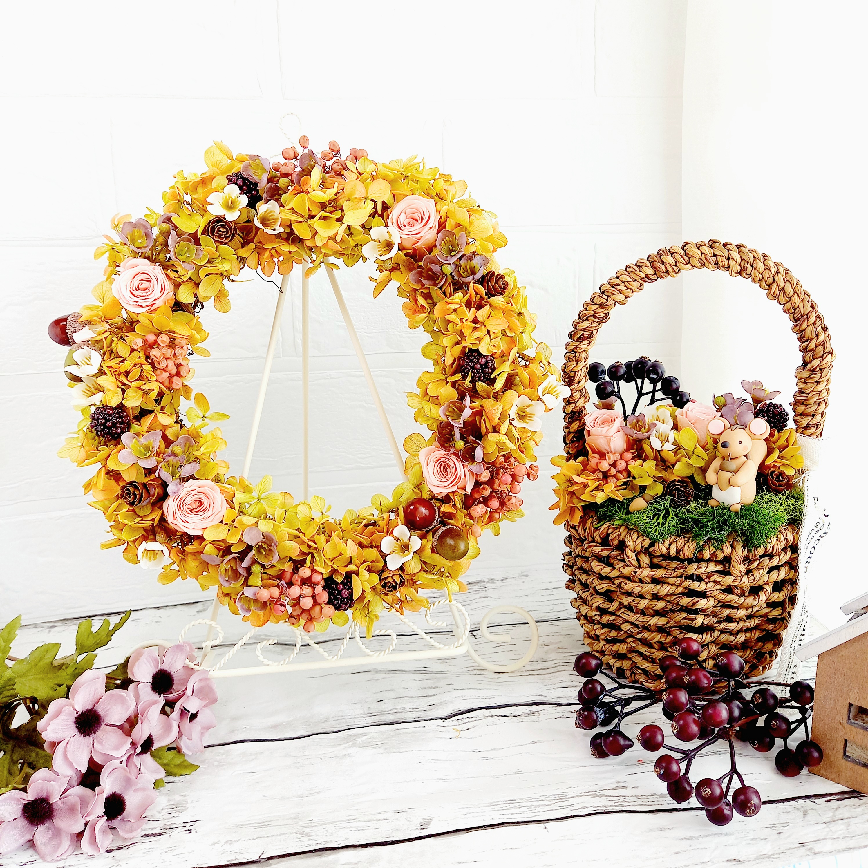 花かご】可愛い物好きな方へ♡秋の花かご(ラッピング無料)粘土 人形