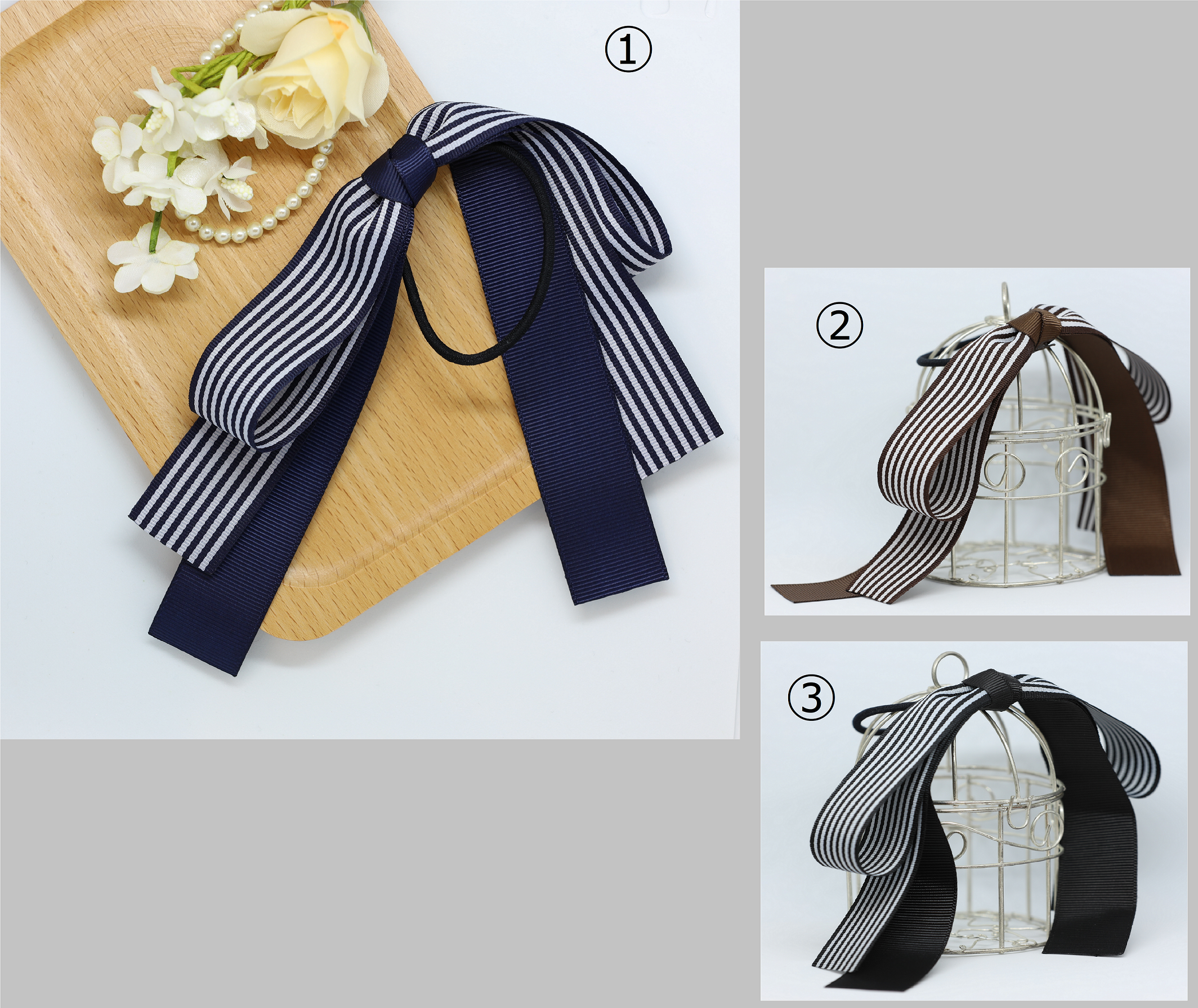 リバティプリント使用花柄親子リボンうさみみブルーホワイトヘアゴム