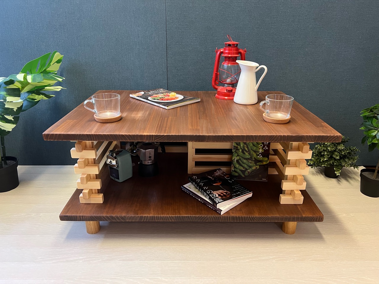 送料無料】 ローテーブル 正方形 90cm 杉 ブラウン 折り畳み脚 ハ型