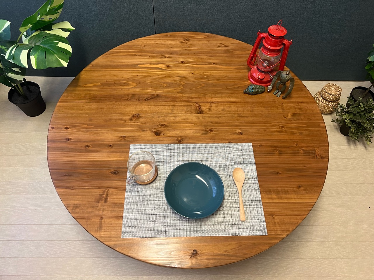 送料無料】 ローテーブル 丸形 90cm 杉 オーク調 折りたたみ脚