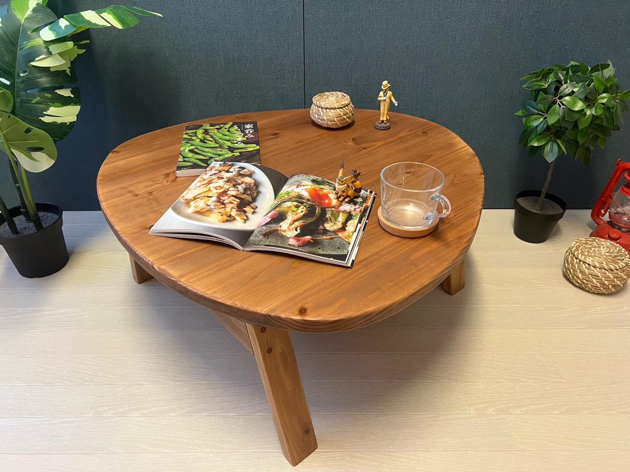 送料無料】 ローテーブル 丸形 90cm 杉 オーク調 折りたたみ脚 - 栄町