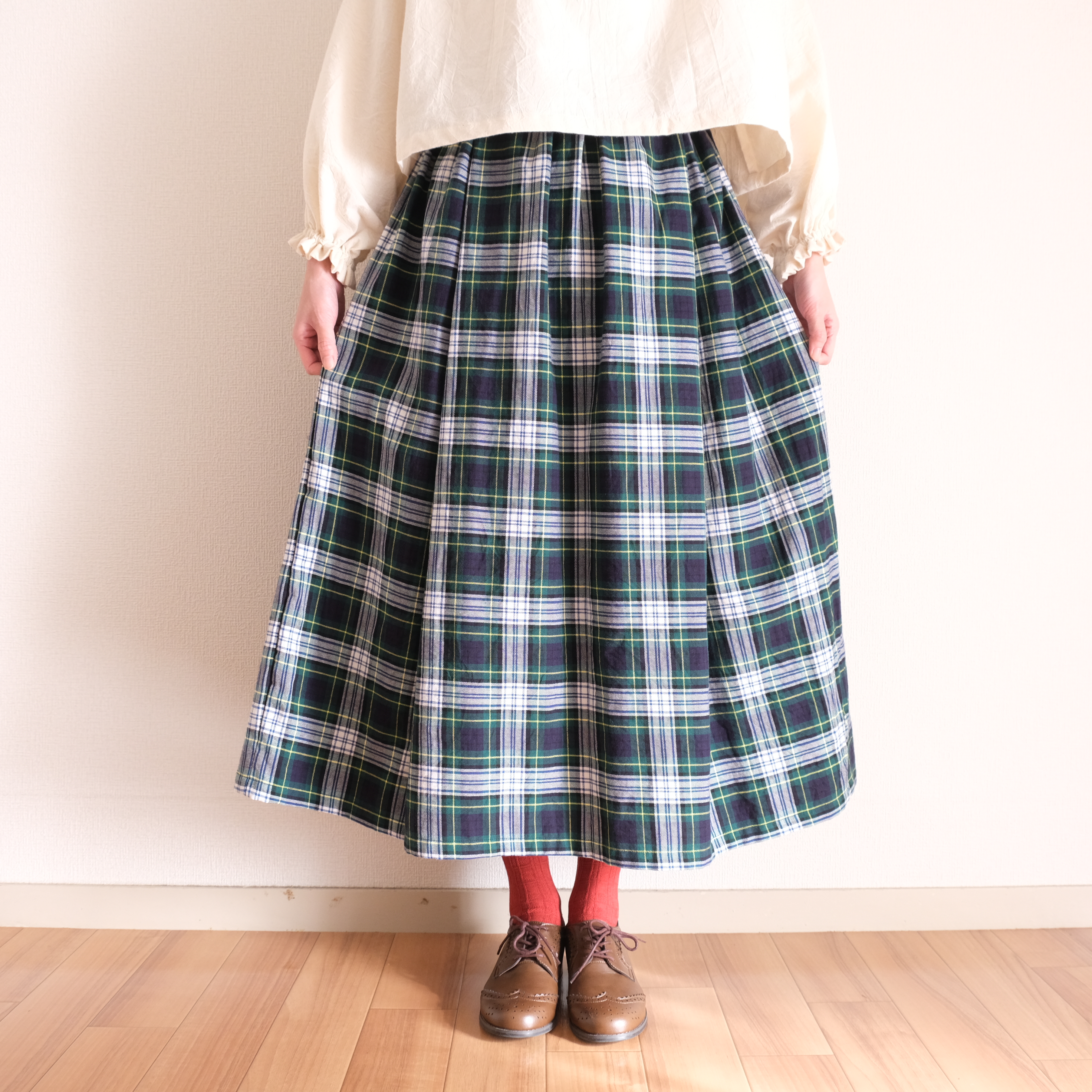 Kubosanmade クボサンメイド タックギャザースカート グレンチェック